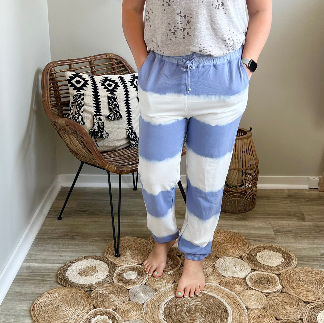 Blue and white tie-dye pants