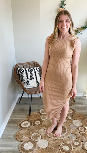 Camel ruffle sleeve dress