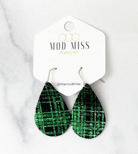 Buffalo Plaid Black & Green Shiny Teardrop Leather Earrings